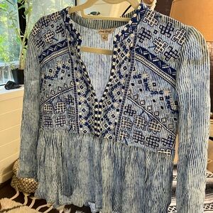 Lucky Brand Blue and White Embroidered Blouse
